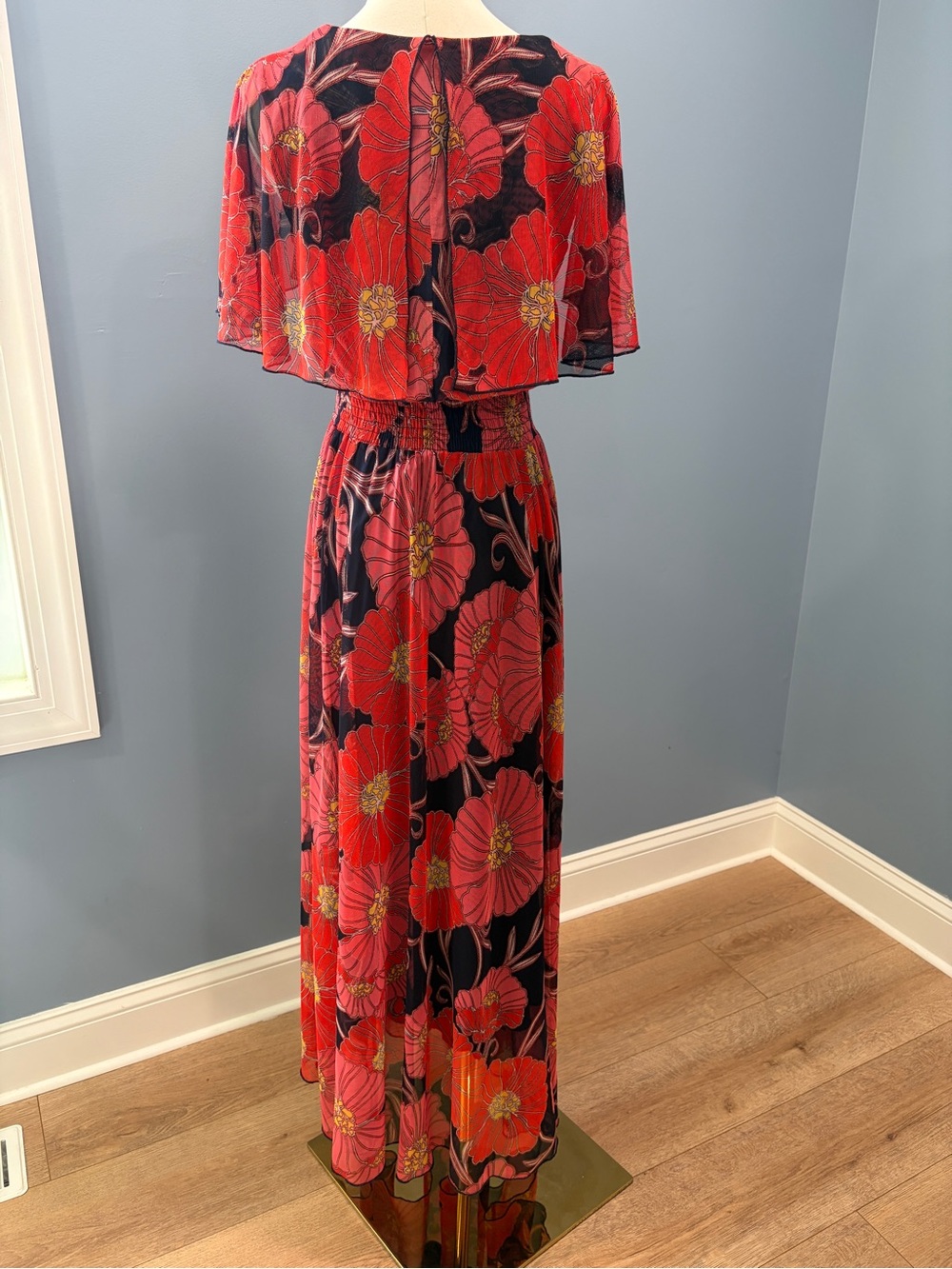 Kate & Lily Red Pink Floral Maxi Dress Size 6 Cape Overlay Flutter Sleeve Lined - Picture 7 of 11